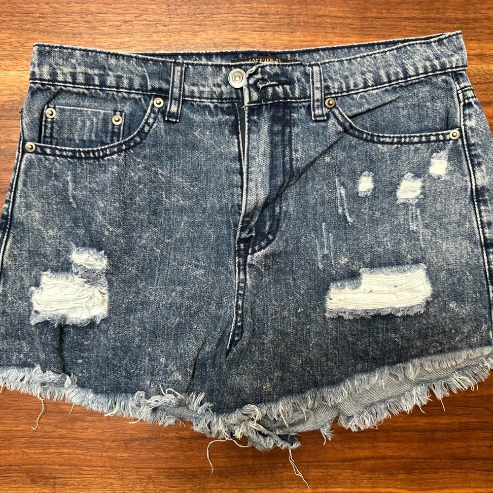 Forever 21 Dark Wash Distressed Denim Shorts